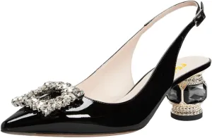 FSJ Women Fashion Crystal Square Buckle Closed Pointed Toe Slingback Pumps Rhinestone Block Low Heel Sandals Party Prom Dress Shoes Size 4-16 US