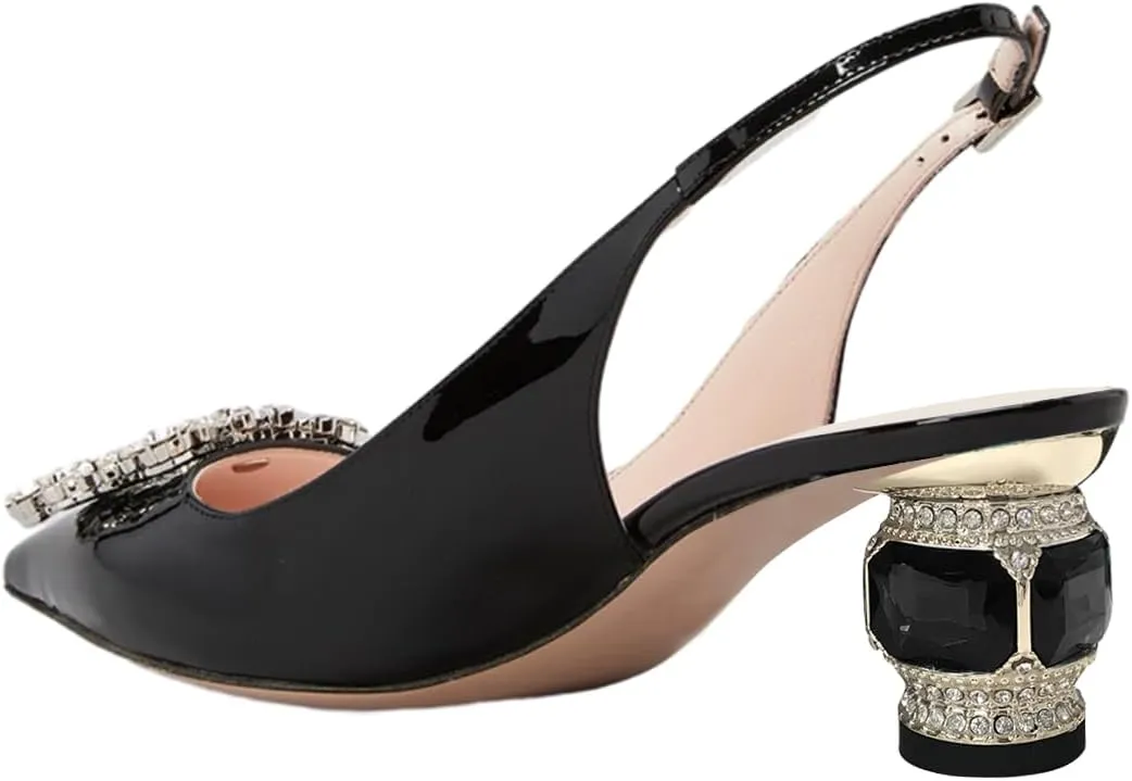 FSJ Women Fashion Crystal Square Buckle Closed Pointed Toe Slingback Pumps Rhinestone Block Low Heel Sandals Party Prom Dress Shoes Size 4-16 US