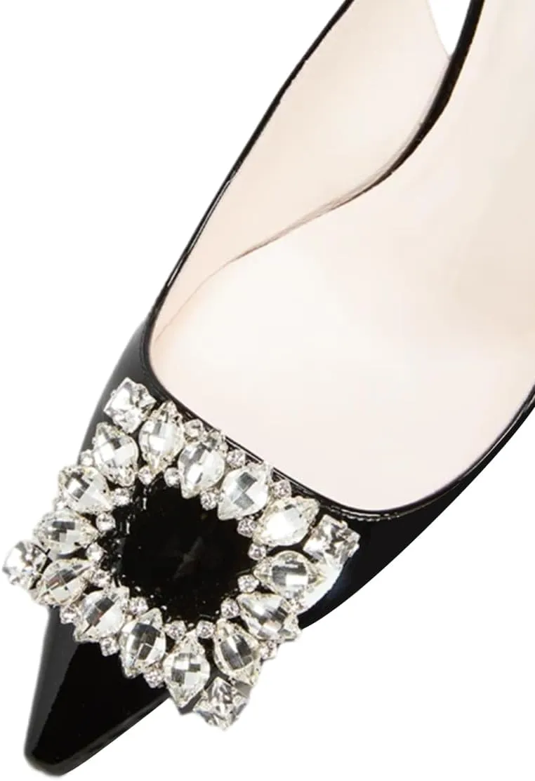 FSJ Women Fashion Crystal Square Buckle Closed Pointed Toe Slingback Pumps Rhinestone Block Low Heel Sandals Party Prom Dress Shoes Size 4-16 US