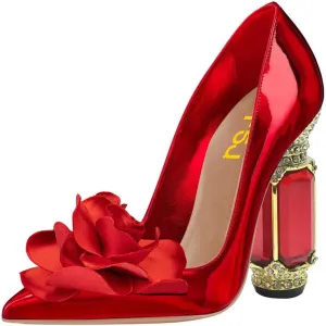 FSJ Women Flower Pumps Pointed Toe Slip On Crystal High Heels Bride Chunky Block Rhinestone Evening Dress Wedding Shoes Size 4-16 US