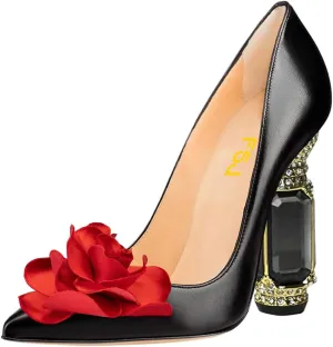 FSJ Women Flower Pumps Pointed Toe Slip On Crystal High Heels Bride Chunky Block Rhinestone Evening Dress Wedding Shoes Size 4-16 US
