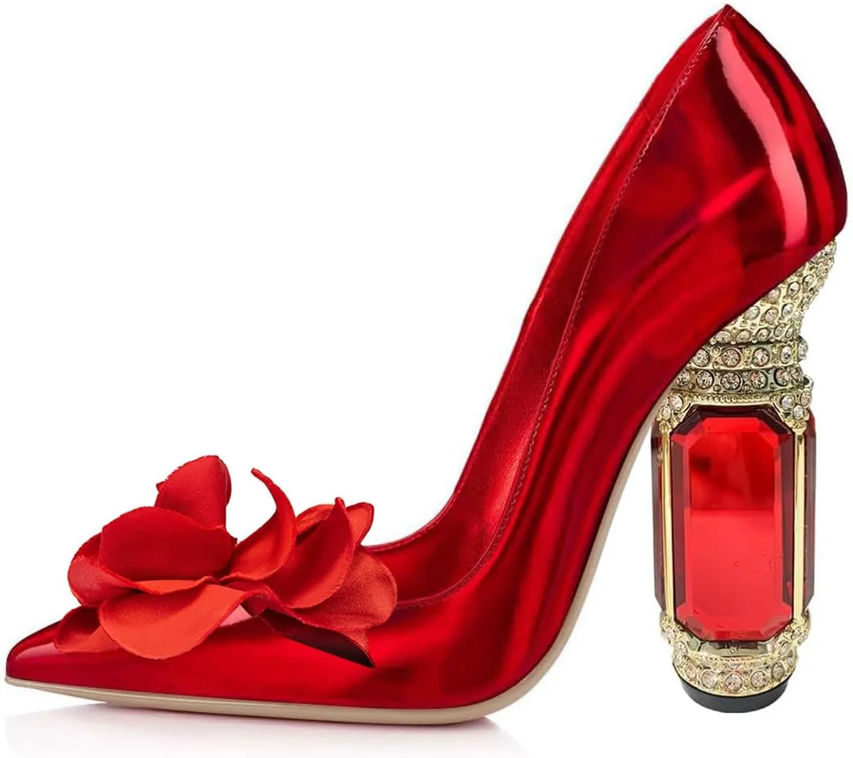 FSJ Women Flower Pumps Pointed Toe Slip On Crystal High Heels Bride Chunky Block Rhinestone Evening Dress Wedding Shoes Size 4-16 US