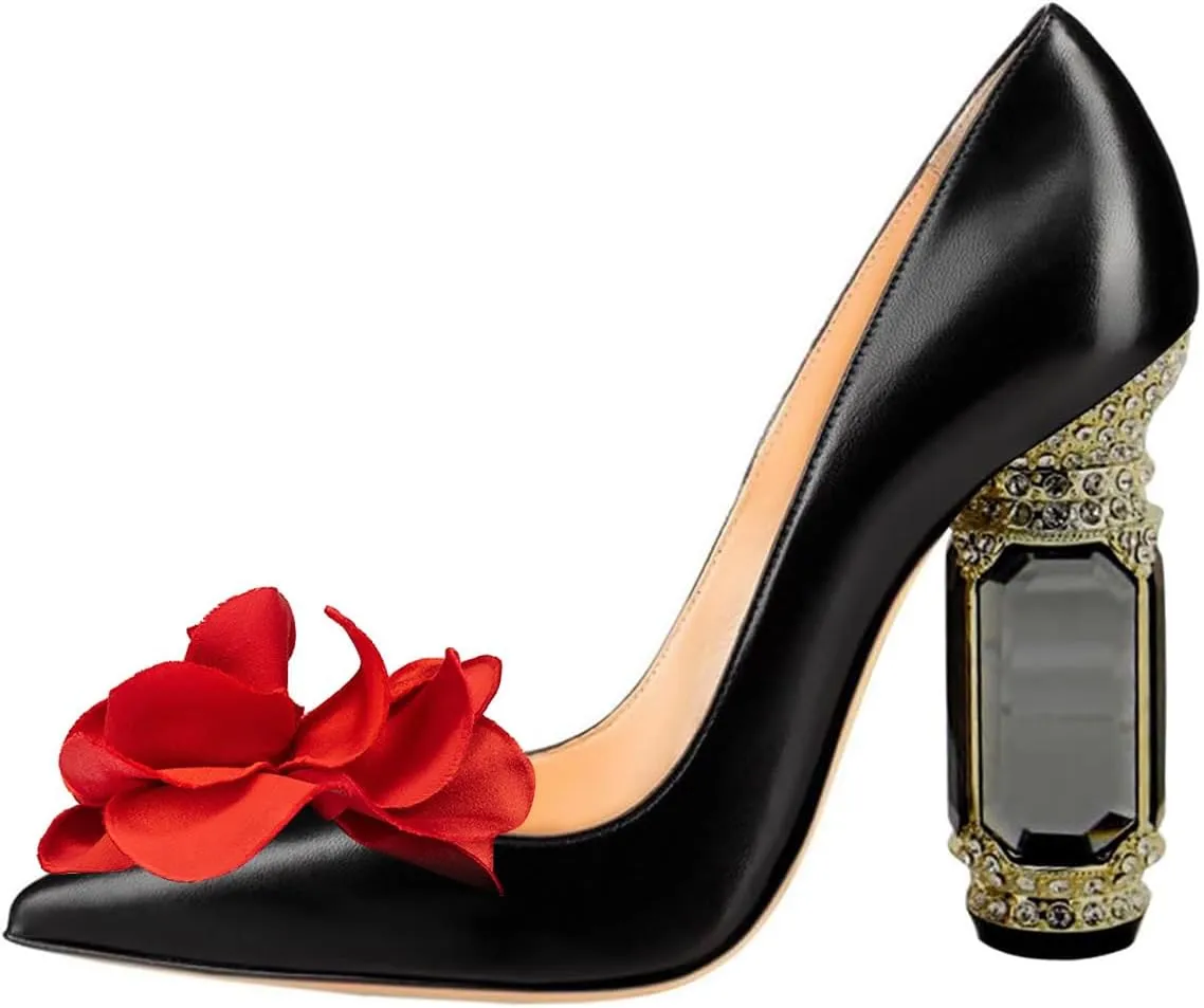 FSJ Women Flower Pumps Pointed Toe Slip On Crystal High Heels Bride Chunky Block Rhinestone Evening Dress Wedding Shoes Size 4-16 US