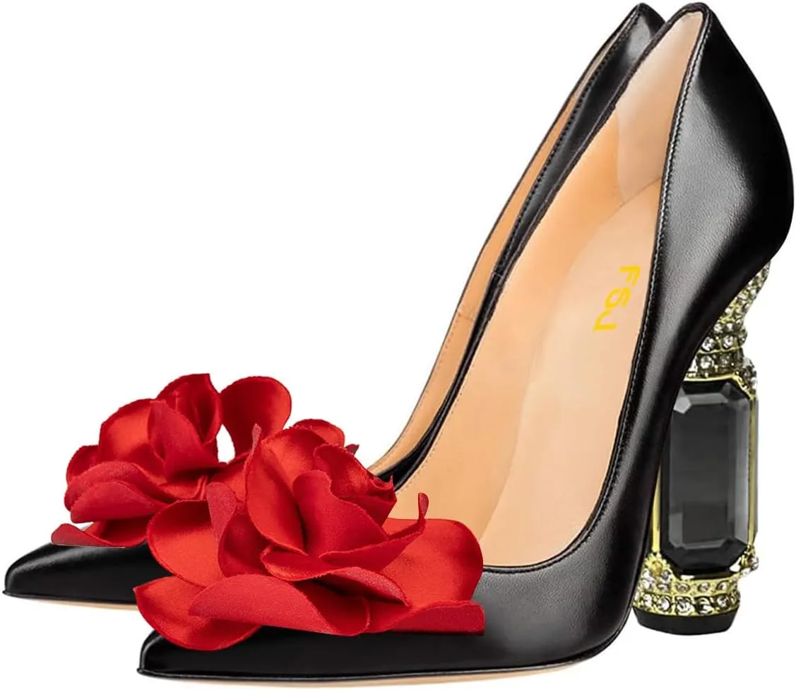 FSJ Women Flower Pumps Pointed Toe Slip On Crystal High Heels Bride Chunky Block Rhinestone Evening Dress Wedding Shoes Size 4-16 US