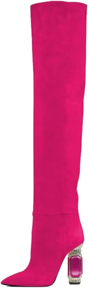 FSJ Women Over The Knee Boots Thigh High Crystal Chunky Heel Sparkly Rhinestone Closed Toe Stretch Long Boots Size 4-15 US
