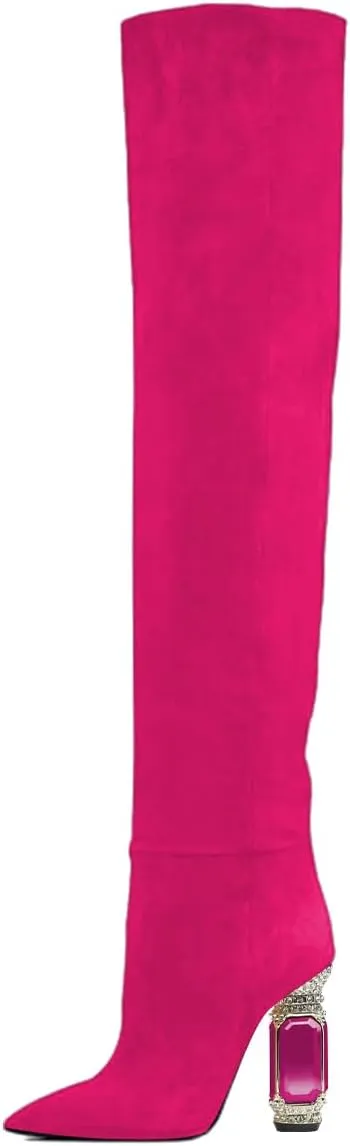 FSJ Women Over The Knee Boots Thigh High Crystal Chunky Heel Sparkly Rhinestone Closed Toe Stretch Long Boots Size 4-15 US