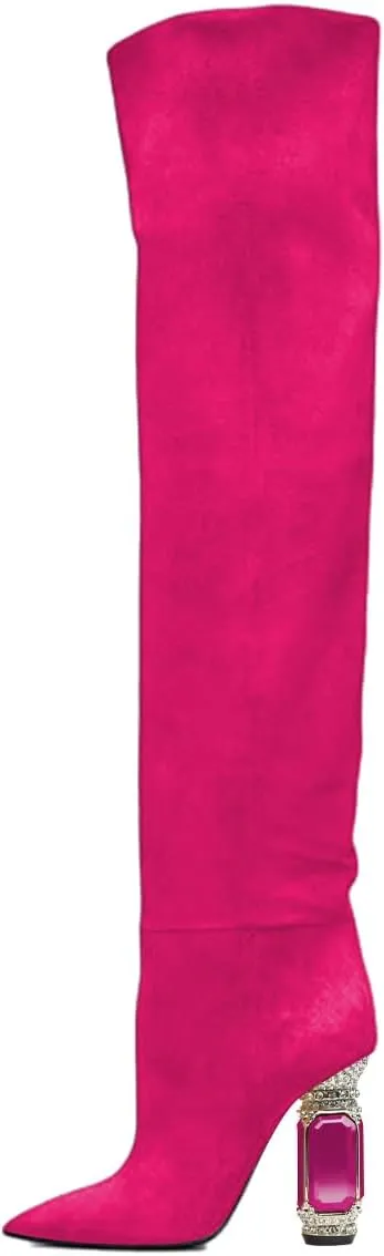 FSJ Women Over The Knee Boots Thigh High Crystal Chunky Heel Sparkly Rhinestone Closed Toe Stretch Long Boots Size 4-15 US