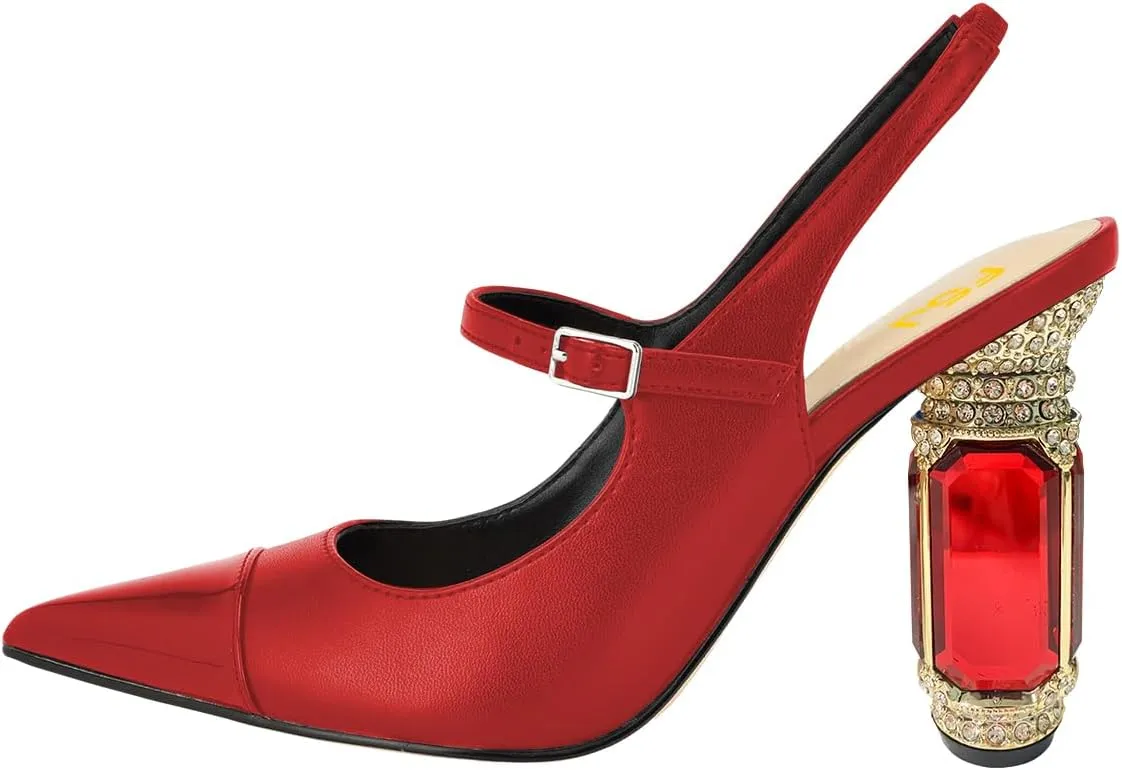 FSJ Women Slingback Crystal High Heel Pointed Closed Toe Ankle Strap Pumps Fashion Backless Dress Sandals Prom Party Shoes Size 4-16 US
