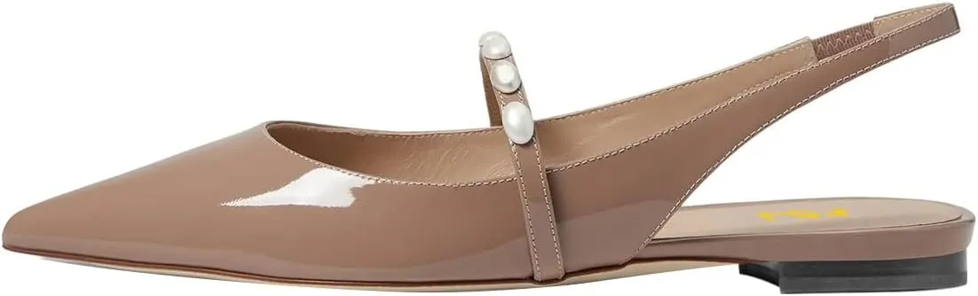 FSJ Women Slingback Flats with Beaded Studded Pointed Toe Pearl Strap Slip On Office Casual Comfort Ballet Shoes Size 4-16 US