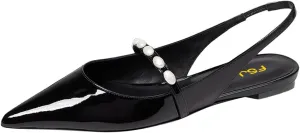 FSJ Women Slingback Flats with Beaded Studded Pointed Toe Pearl Strap Slip On Office Casual Comfort Ballet Shoes Size 4-16 US