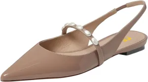 FSJ Women Slingback Flats with Beaded Studded Pointed Toe Pearl Strap Slip On Office Casual Comfort Ballet Shoes Size 4-16 US