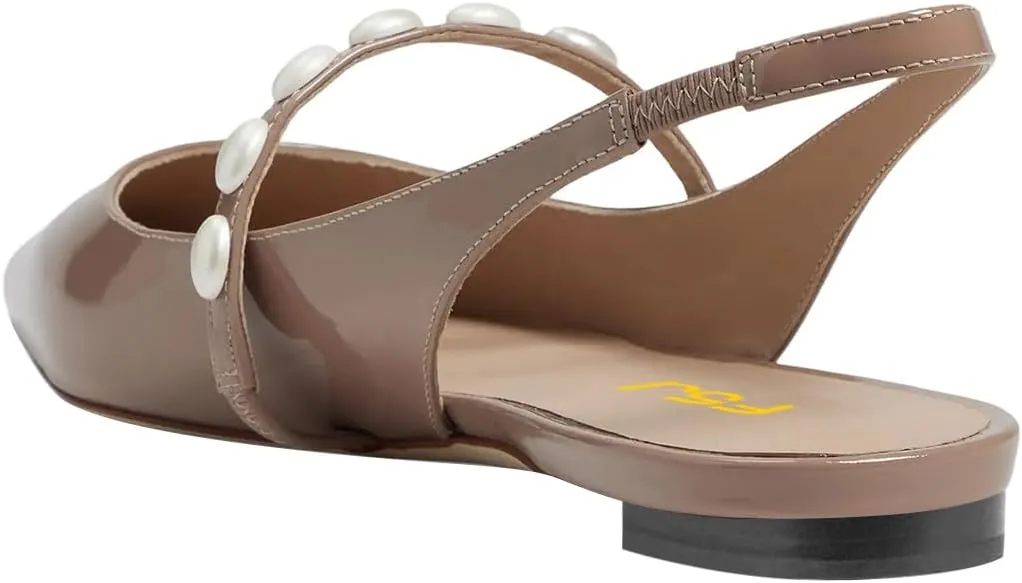 FSJ Women Slingback Flats with Beaded Studded Pointed Toe Pearl Strap Slip On Office Casual Comfort Ballet Shoes Size 4-16 US