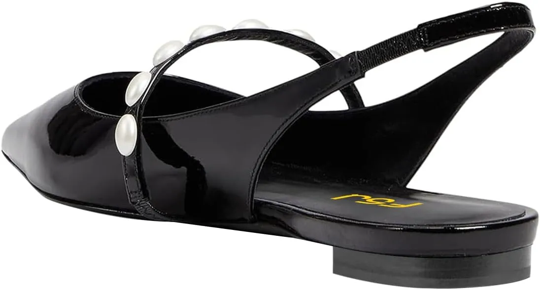 FSJ Women Slingback Flats with Beaded Studded Pointed Toe Pearl Strap Slip On Office Casual Comfort Ballet Shoes Size 4-16 US
