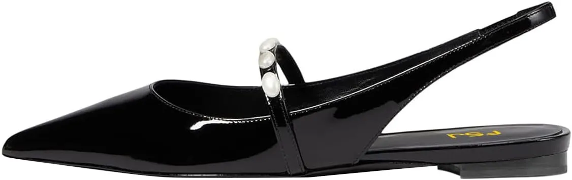 FSJ Women Slingback Flats with Beaded Studded Pointed Toe Pearl Strap Slip On Office Casual Comfort Ballet Shoes Size 4-16 US