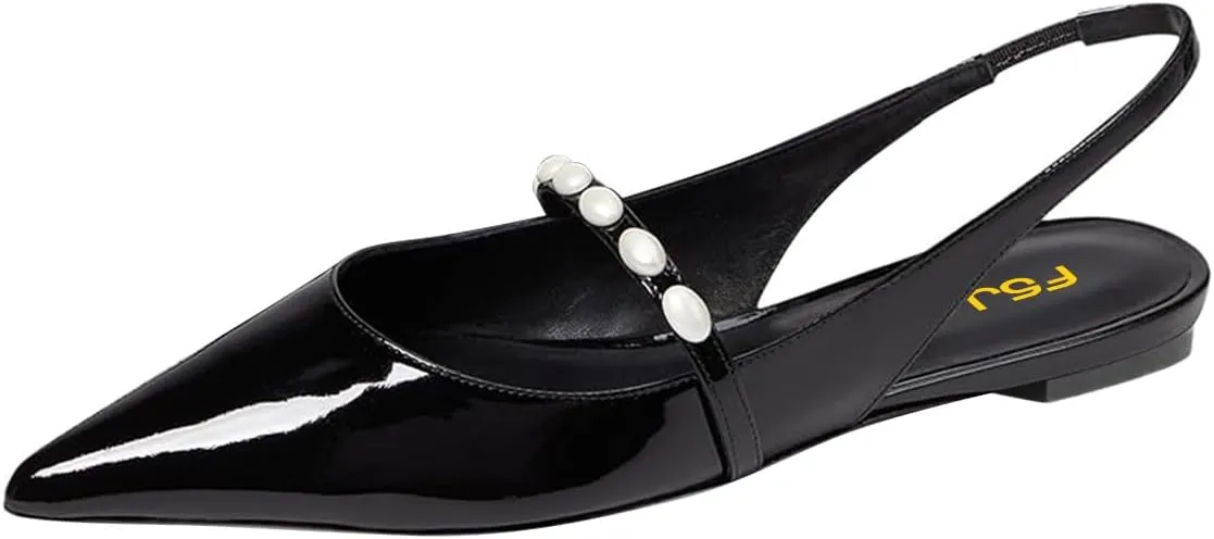 FSJ Women Slingback Flats with Beaded Studded Pointed Toe Pearl Strap Slip On Office Casual Comfort Ballet Shoes Size 4-16 US