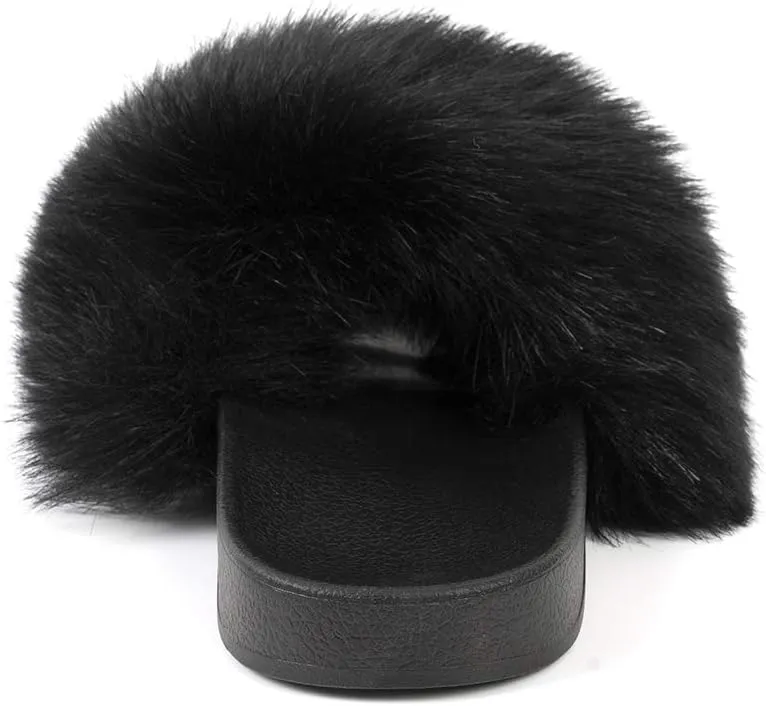 FUNKYMONKEY Women's Slides Faux Fur Cute Slip On Fuzzy Slippers Comfort Flat Sandals