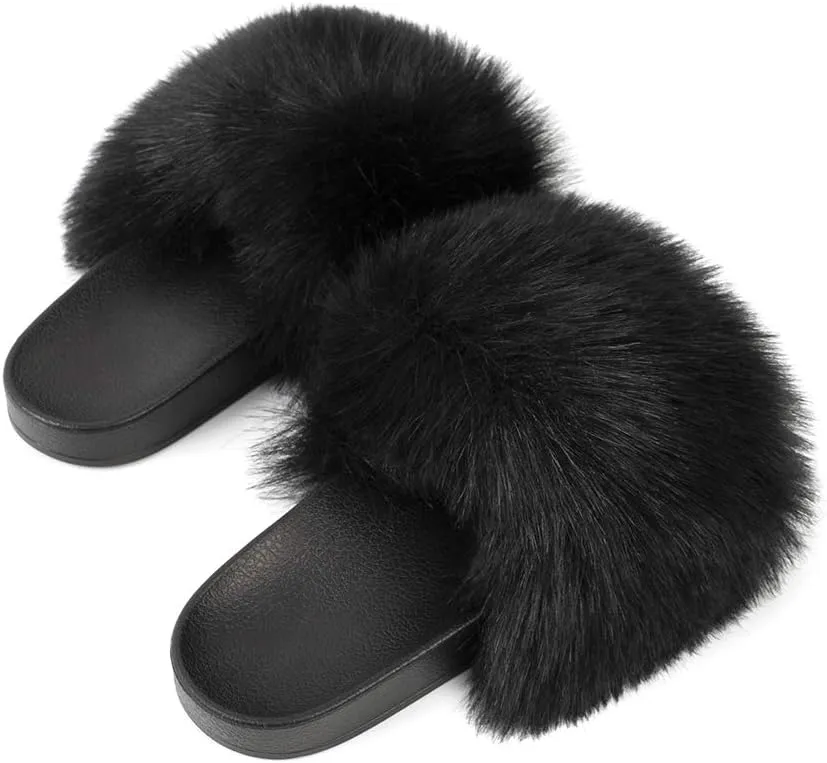 FUNKYMONKEY Women's Slides Faux Fur Cute Slip On Fuzzy Slippers Comfort Flat Sandals