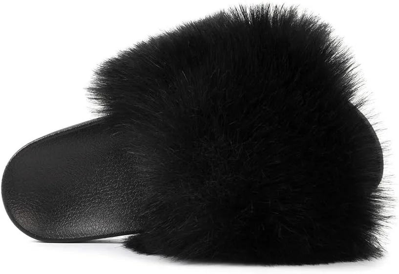 FUNKYMONKEY Women's Slides Faux Fur Cute Slip On Fuzzy Slippers Comfort Flat Sandals