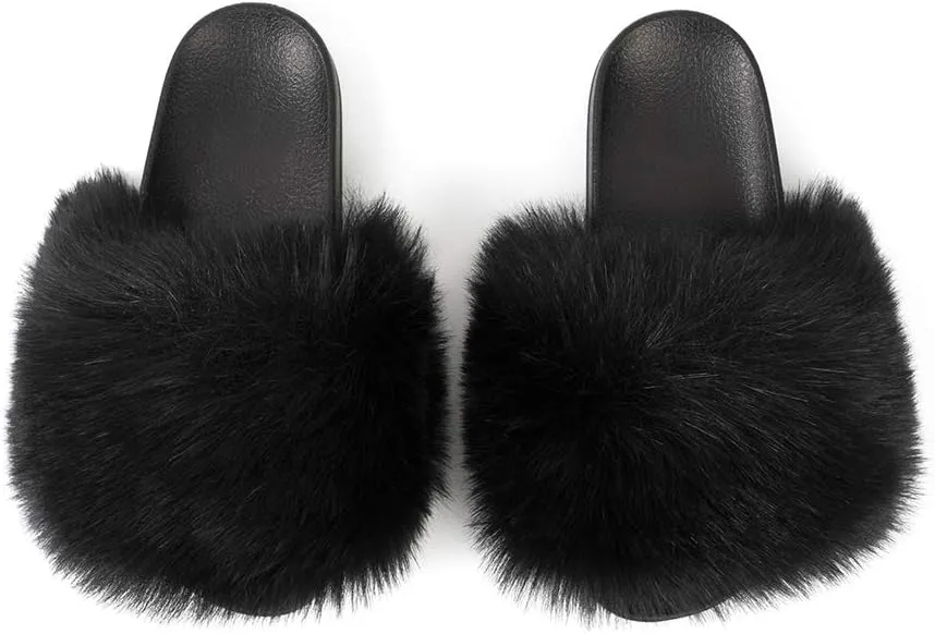 FUNKYMONKEY Women's Slides Faux Fur Cute Slip On Fuzzy Slippers Comfort Flat Sandals