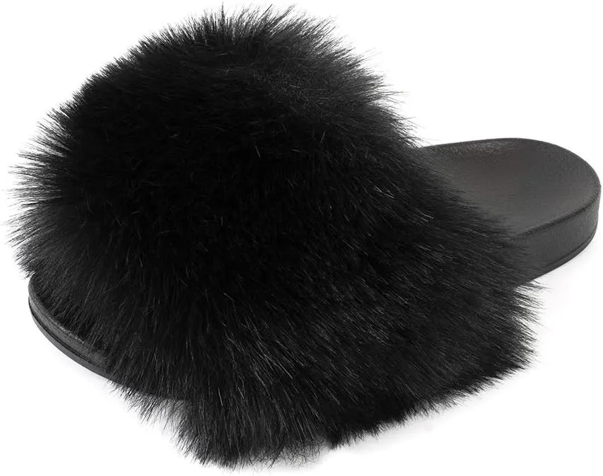 FUNKYMONKEY Women's Slides Faux Fur Cute Slip On Fuzzy Slippers Comfort Flat Sandals
