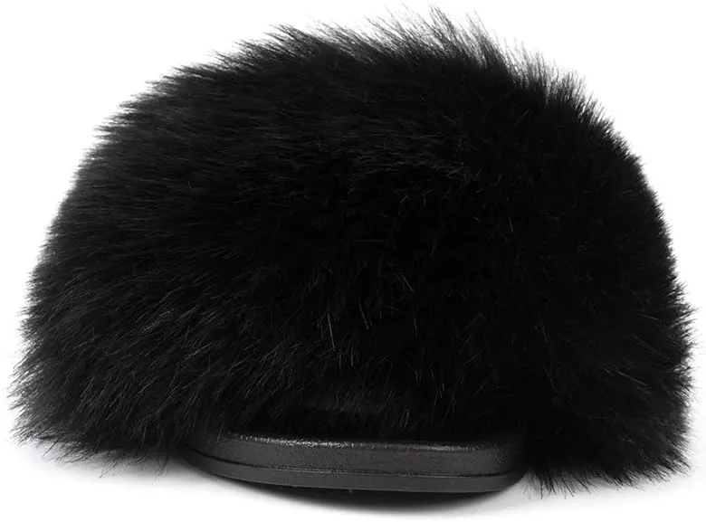 FUNKYMONKEY Women's Slides Faux Fur Cute Slip On Fuzzy Slippers Comfort Flat Sandals