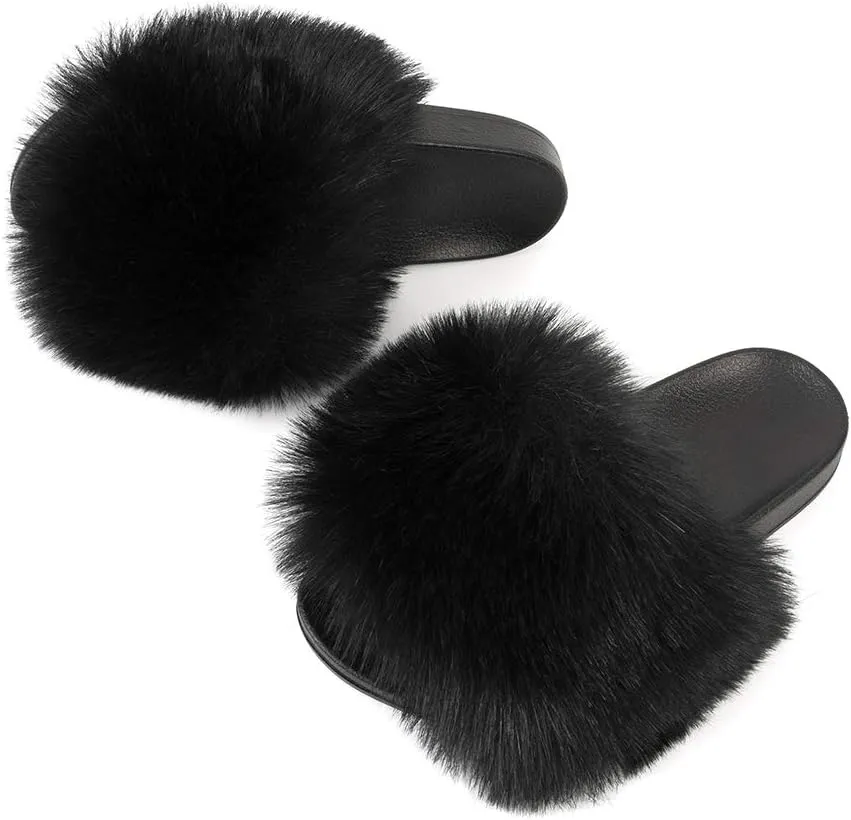 FUNKYMONKEY Women's Slides Faux Fur Cute Slip On Fuzzy Slippers Comfort Flat Sandals