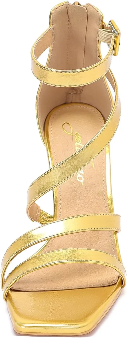 geluboao Heels for Womens Sexy Open Square Toe Strappy Chunky High Heels Sandals Ankle Strap Buckle Block Heeled Sandals