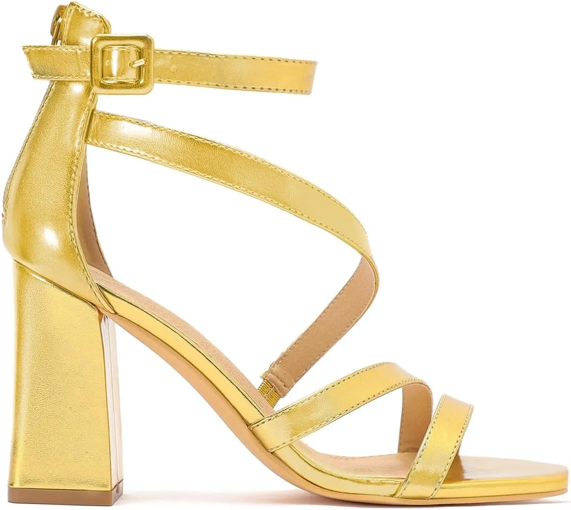 geluboao Heels for Womens Sexy Open Square Toe Strappy Chunky High Heels Sandals Ankle Strap Buckle Block Heeled Sandals
