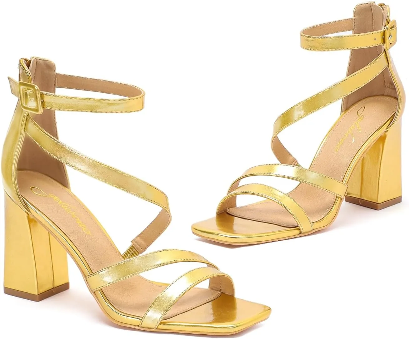 geluboao Heels for Womens Sexy Open Square Toe Strappy Chunky High Heels Sandals Ankle Strap Buckle Block Heeled Sandals
