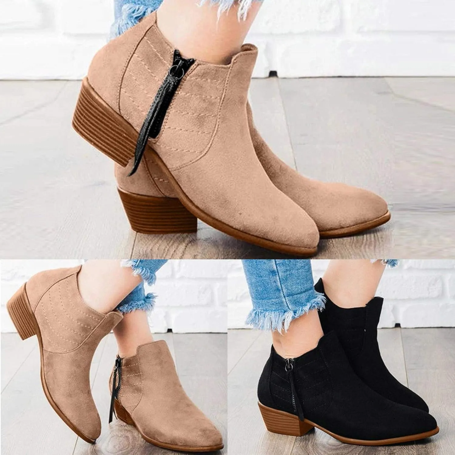 Gibobby Ankle Booties for Women with Heel,Ankle Boots Pointed Toe Faux Leather Stacked Low Heel Side Suede Booties