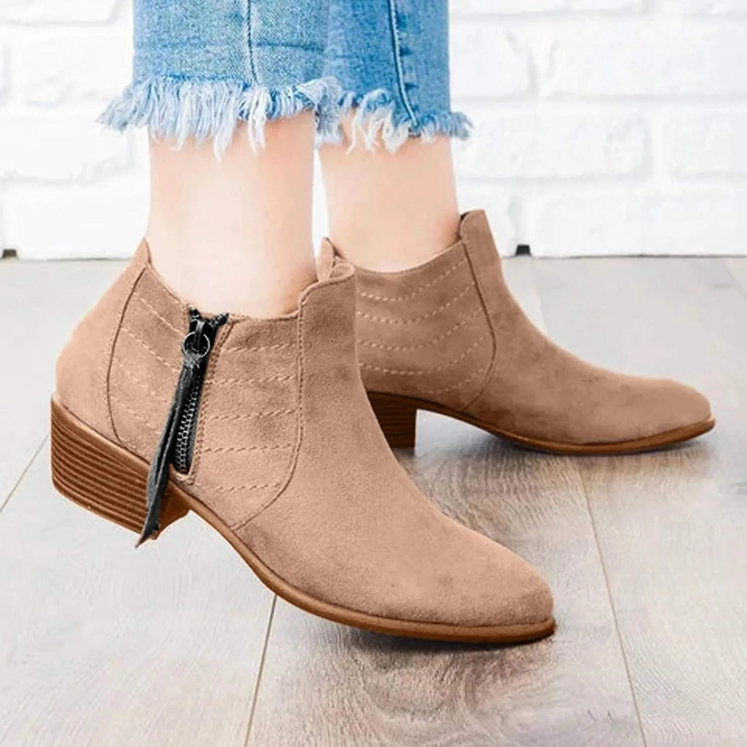 Gibobby Ankle Booties for Women with Heel,Ankle Boots Pointed Toe Faux Leather Stacked Low Heel Side Suede Booties