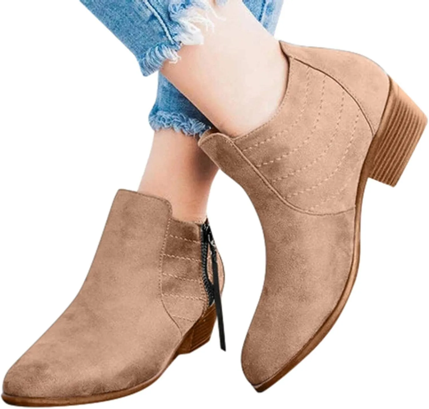 Gibobby Ankle Booties for Women with Heel,Ankle Boots Pointed Toe Faux Leather Stacked Low Heel Side Suede Booties