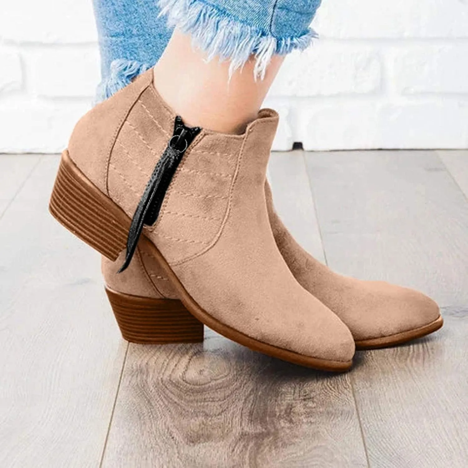 Gibobby Ankle Booties for Women with Heel,Ankle Boots Pointed Toe Faux Leather Stacked Low Heel Side Suede Booties