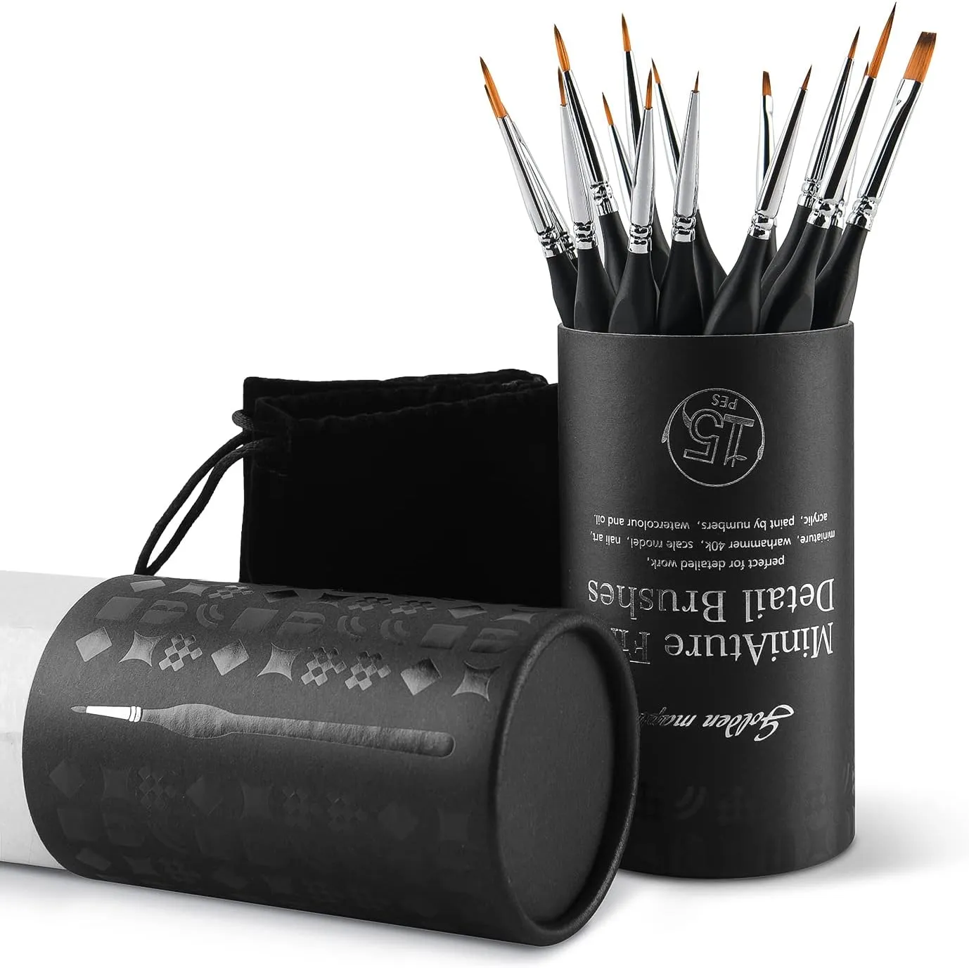 Golden Maple Miniature Paint Brushes, 15PC Model Brushes Micro Detail Paint Brush Set, Fine Detailing for Acrylics, Oils, Watercolors & Paint by Number, Figurine (Black)