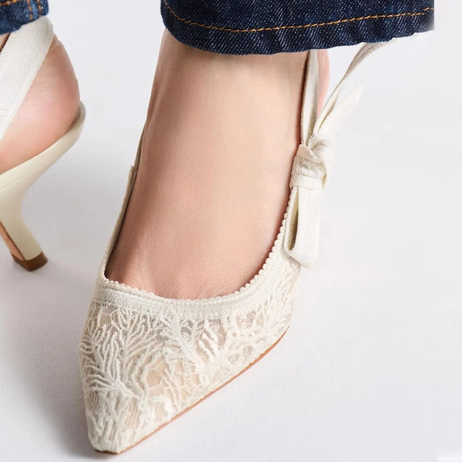 Goolita Pointed Closed Toe Embroidered Slingback Heels for Women, Bow Kitten Heels Mesh Pumps Backless Party Bridal Shoes for Wedding