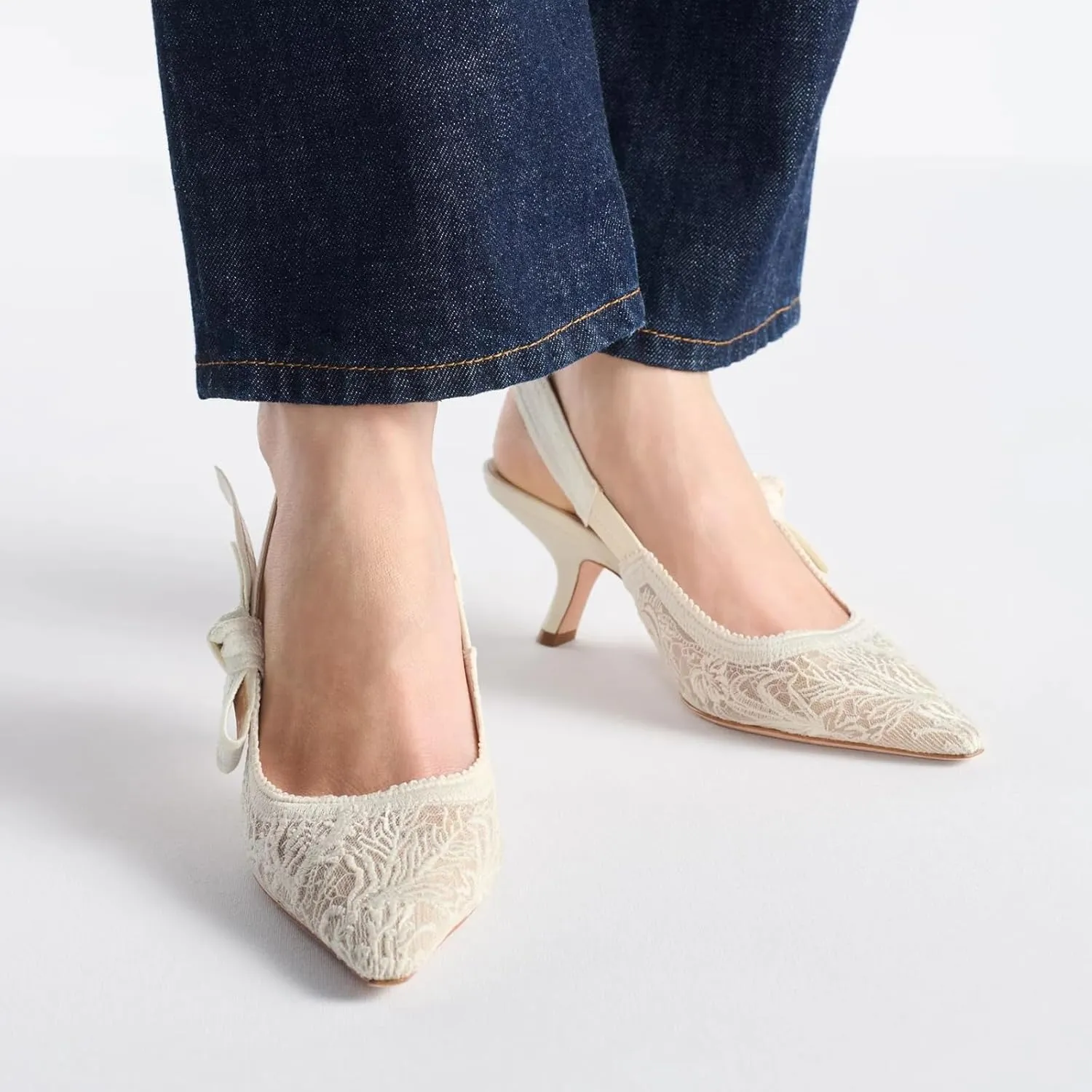 Goolita Pointed Closed Toe Embroidered Slingback Heels for Women, Bow Kitten Heels Mesh Pumps Backless Party Bridal Shoes for Wedding