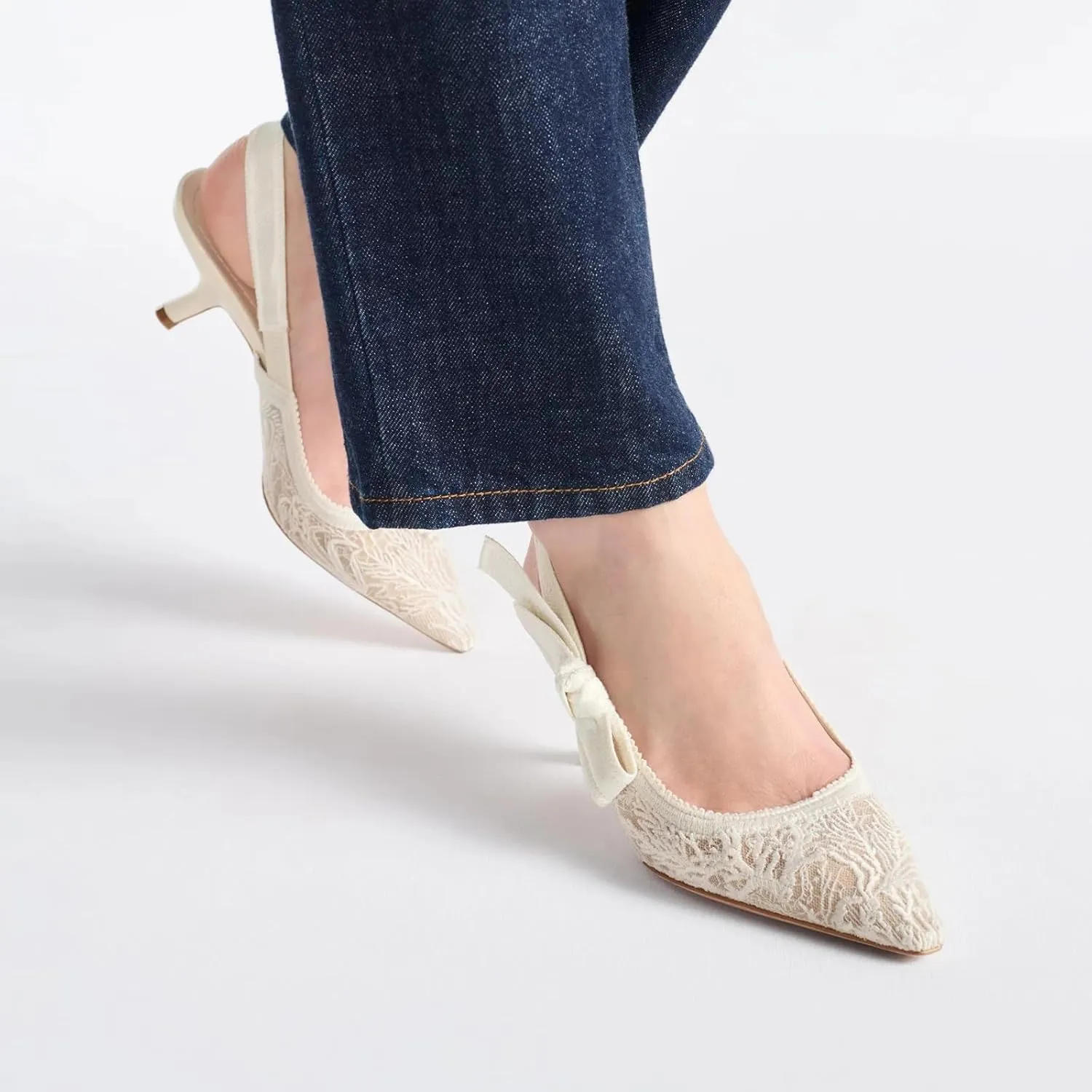 Goolita Pointed Closed Toe Embroidered Slingback Heels for Women, Bow Kitten Heels Mesh Pumps Backless Party Bridal Shoes for Wedding
