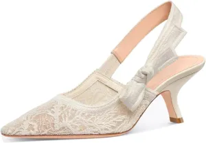 Goolita Pointed Closed Toe Embroidered Slingback Heels for Women, Bow Kitten Heels Mesh Pumps Backless Party Bridal Shoes for Wedding