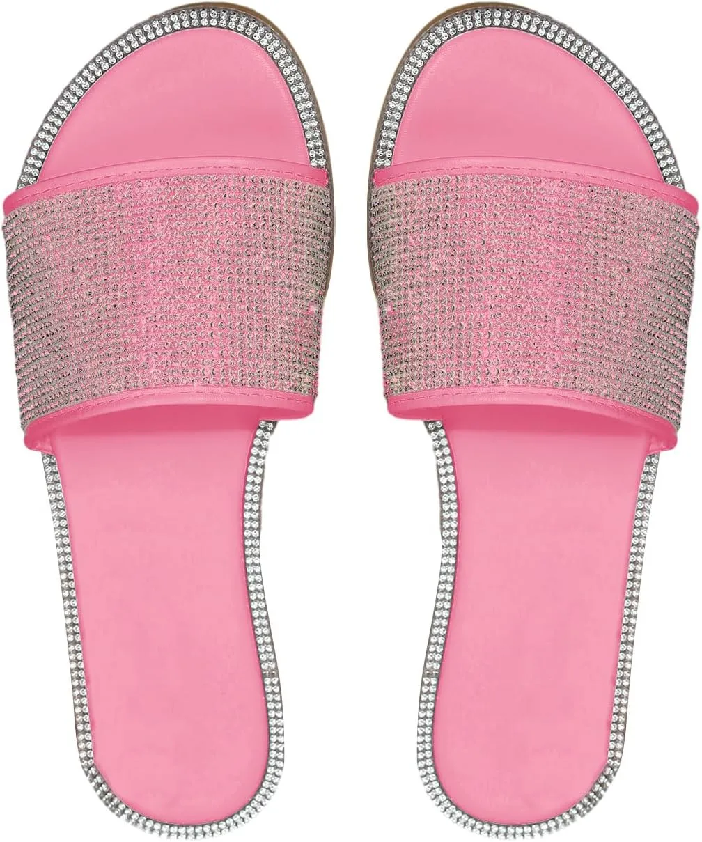 GORGLITTER Rhinestone Sparkly Sandals Dressy Slip on Summer Casual Fancy Flat Sandals Glitter Open Toe Slides