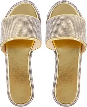 GORGLITTER Rhinestone Sparkly Sandals Dressy Slip on Summer Casual Fancy Flat Sandals Glitter Open Toe Slides