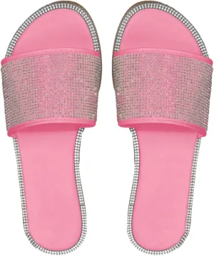 GORGLITTER Rhinestone Sparkly Sandals Dressy Slip on Summer Casual Fancy Flat Sandals Glitter Open Toe Slides