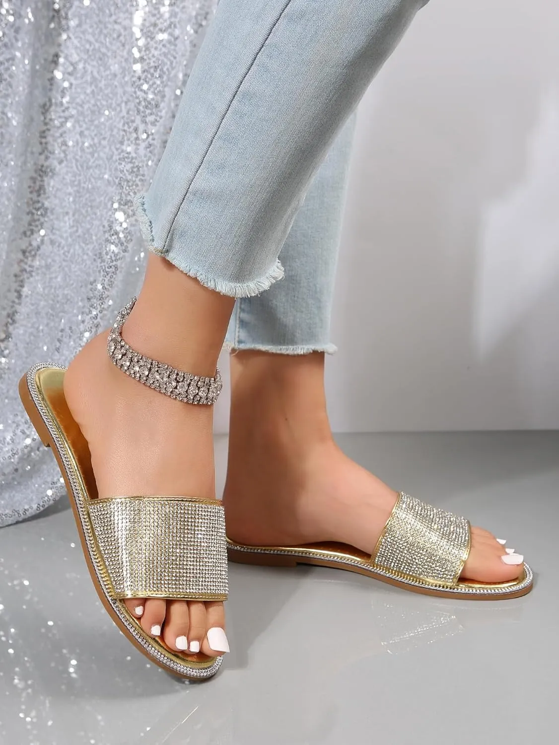 GORGLITTER Rhinestone Sparkly Sandals Dressy Slip on Summer Casual Fancy Flat Sandals Glitter Open Toe Slides