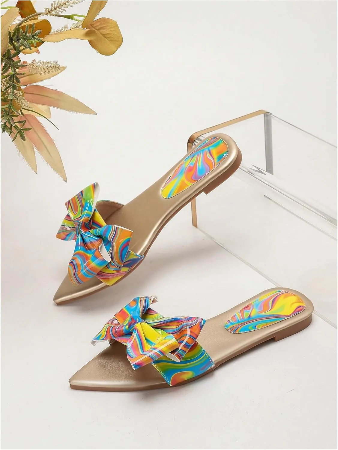 GORGLITTER Women's Bow Flat Sandals Metallic Dressy Point Open Toe Summer Slip on Slide Sandals