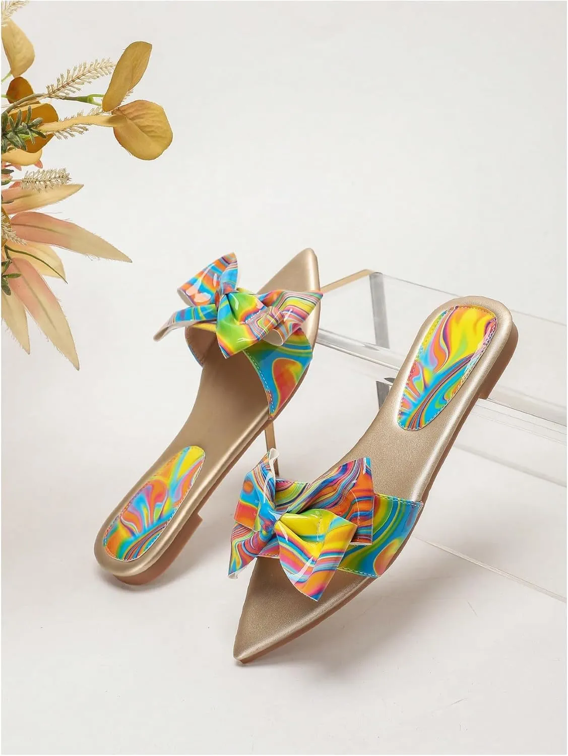 GORGLITTER Women's Bow Flat Sandals Metallic Dressy Point Open Toe Summer Slip on Slide Sandals
