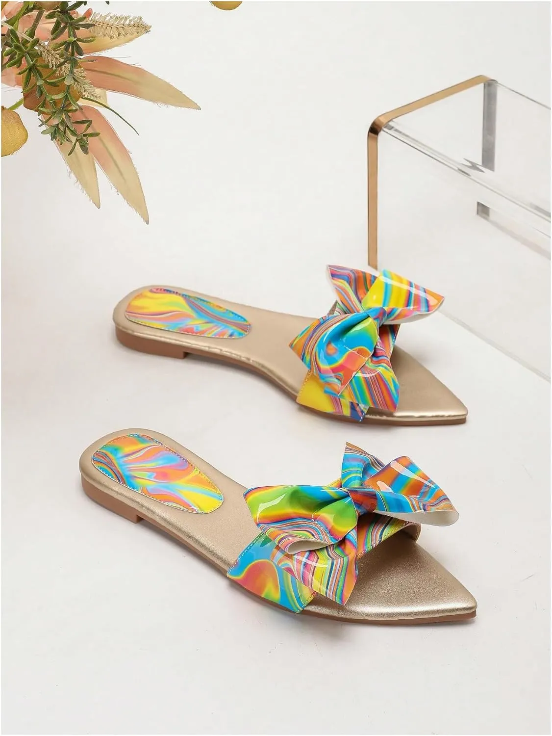 GORGLITTER Women's Bow Flat Sandals Metallic Dressy Point Open Toe Summer Slip on Slide Sandals