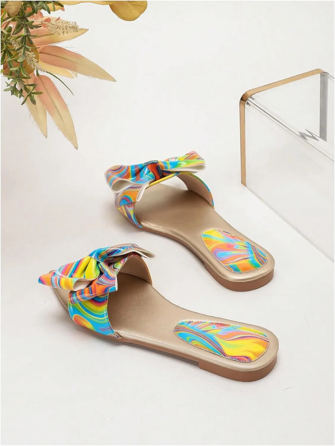GORGLITTER Women's Bow Flat Sandals Metallic Dressy Point Open Toe Summer Slip on Slide Sandals