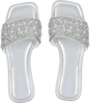 GORGLITTER Women's Pearl Sandals Leather Square Open Toe Slip On Dressy Wedding Flat Sandals