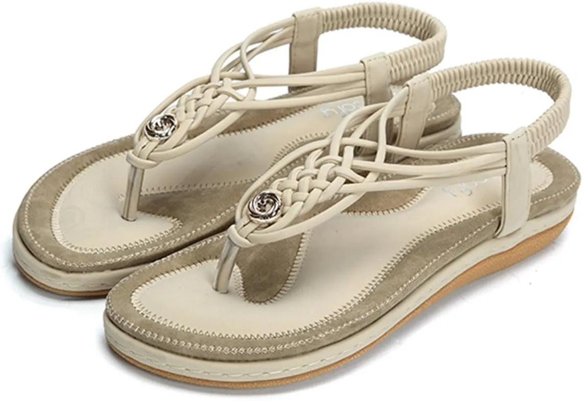 gracosy Summer Sandals for Women, Flat Sandals Flip Flops Thongs Clip Toe Slip On Elastic T-Strap Bohemia Beach Slippers