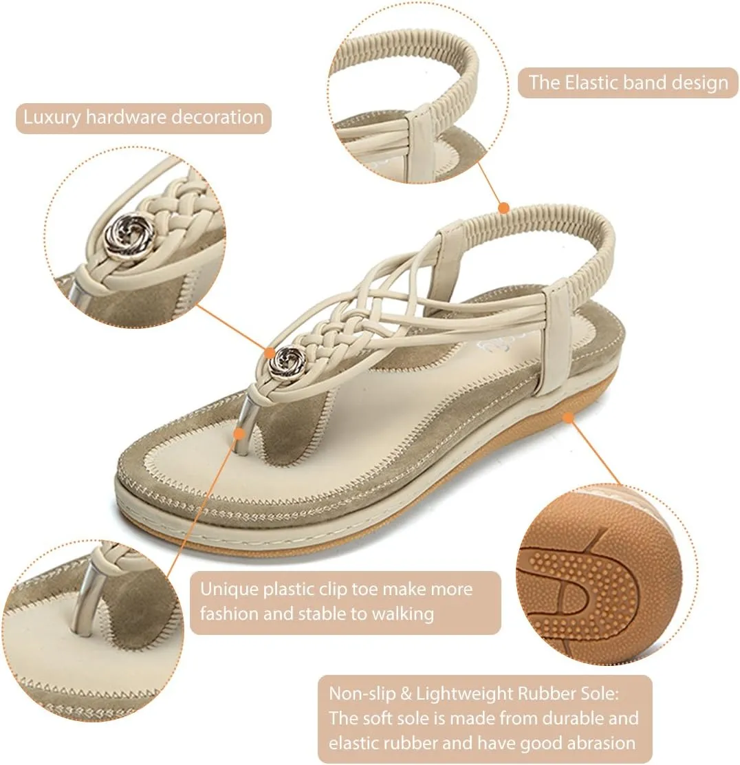 gracosy Summer Sandals for Women, Flat Sandals Flip Flops Thongs Clip Toe Slip On Elastic T-Strap Bohemia Beach Slippers