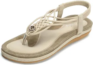 gracosy Summer Sandals for Women, Flat Sandals Flip Flops Thongs Clip Toe Slip On Elastic T-Strap Bohemia Beach Slippers